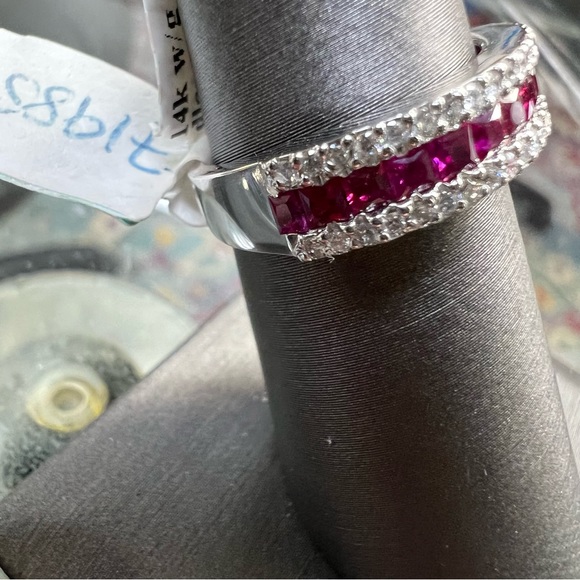 14k White Gold Diamond & Ruby Band Ring - Picture 3 of 8